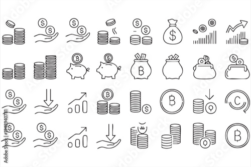 Money Savings and Cryptocurrency Outline Icons Collection for Fintech Design