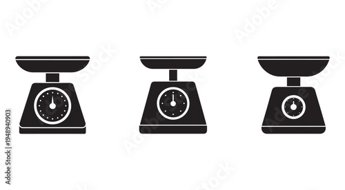 Three black kitchen scales with dials on white background for measuring weight in cooking and food preparation  accurate and simple design