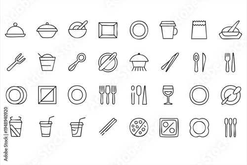 Cafe Dining and Tableware Outline Icons Featuring Cups Plates and Utensils