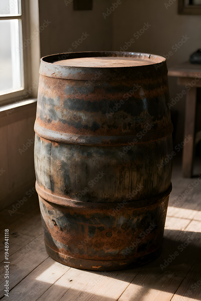 Fototapeta premium Rustic wooden barrel with weathered texture in a sunlit room 