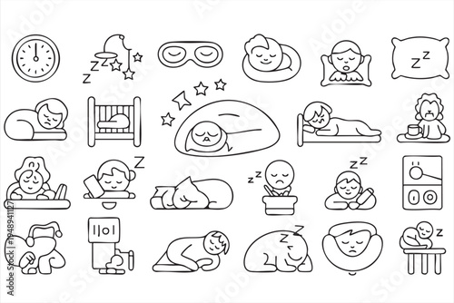Sleeping People and Bedtime Wellness Line Icons Set for Health Concepts