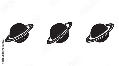 Three black planet icons with rings in different positions  isolated on white background for astronomy and space design