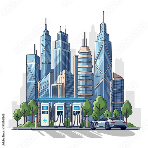 Electric vehicle charging station in modern cityscape with skyscrapers and green trees