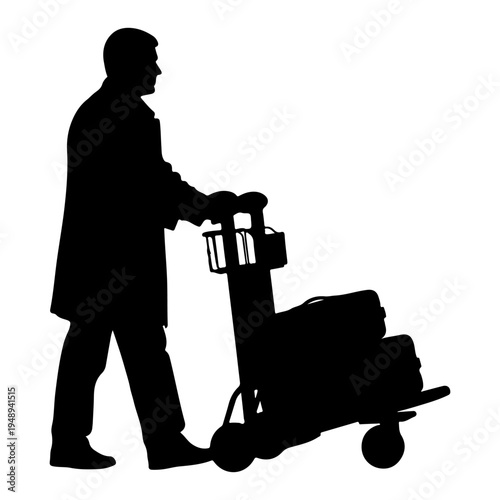Man pushing luggage cart silhouette, airport travel vector illustration