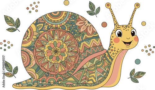Decorative mandala snail with floral patterns cute ornamental animal boho folk style vector illustration isolated background