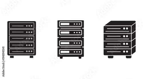 Three black server computers with multiple drawers and white outlines on white background