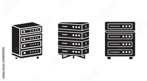 Three black server computer racks with various disk arrays and ventilation holes for data storage and network infrastructure  server room equipment