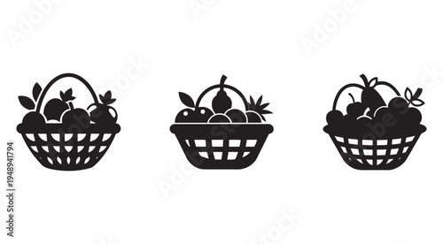 Three black silhouette illustrations of fruit baskets with various fruits and leaves on white background  baskets have handles and are filled with apples pears grapes