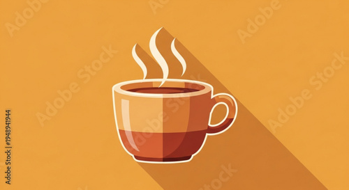Steaming hot cup of coffee on a warm orange background with a long shadow