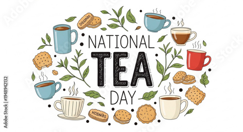 National tea day celebration with steaming cups and cookies in a wreath