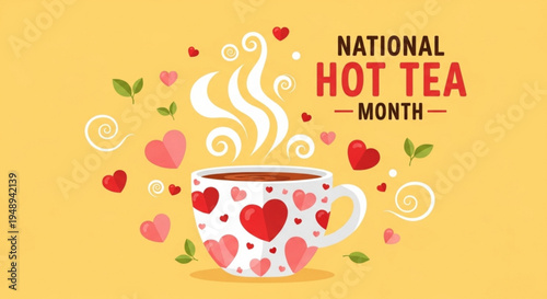 National hot tea month illustration with heart patterned mug and steam on yellow background