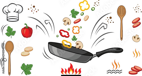 Vegetables cooking in frying pan with chef hat ingredients and kitchen utensils healthy food vector illustration isolated background