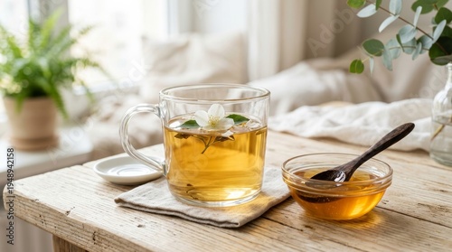 A glass cup of hot herbal jasmine tea with a floating flower and a bowl of fresh honey on a rustic wooden table in a bright, cozy room setting.