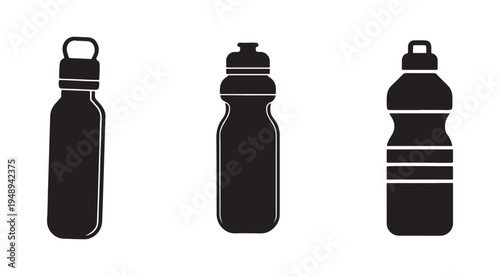 Three black silhouettes of reusable water bottles with different shapes and caps on white background  isolated