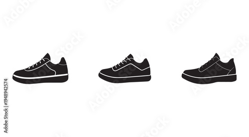 Three black sneakers side view with white soles and laces on white background  athletic footwear icons