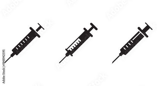 Three black syringe icons in different positions on white background for medical or healthcare concepts  simple medical equipment illustrations
