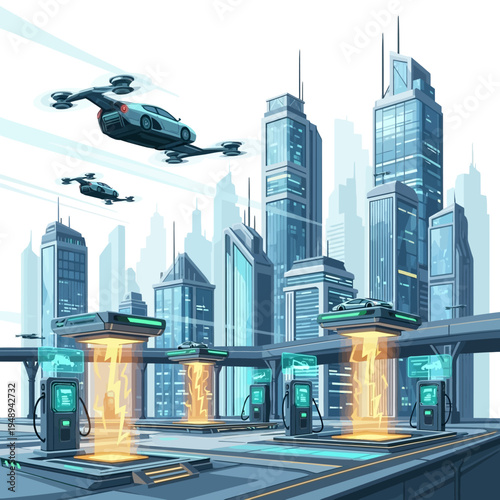 Futuristic cityscape with flying cars and electric vehicle charging stations