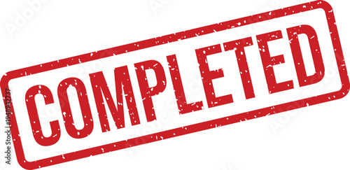 A clear red textured rubber stamp proudly indicating the word COMPLETED against a bright white background
