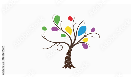 Whimsical abstract colorful tree with spiral trunk and playful dotted leaves creative vector illustration isolated on white