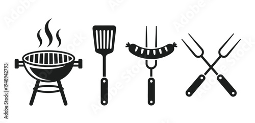 Vector icons of barbecue grill sausages on sticks and utensils