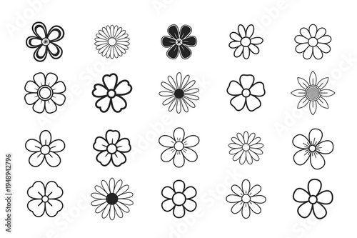 Minimalist Flower Outline Icon Set Isolated on White Background