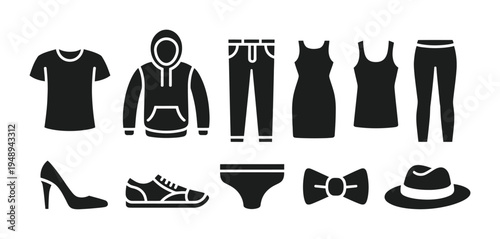 Collection of vector icons representing various clothing items and accessories