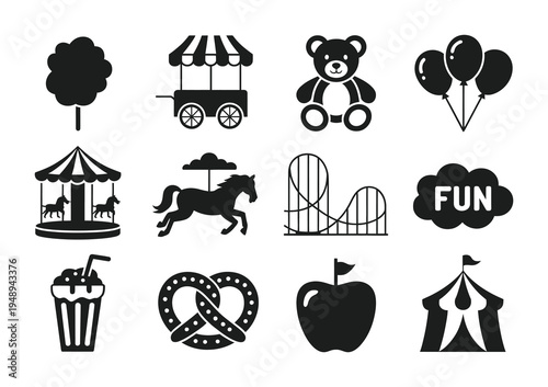Vector icons of carnival attractions and fun fair items in a style