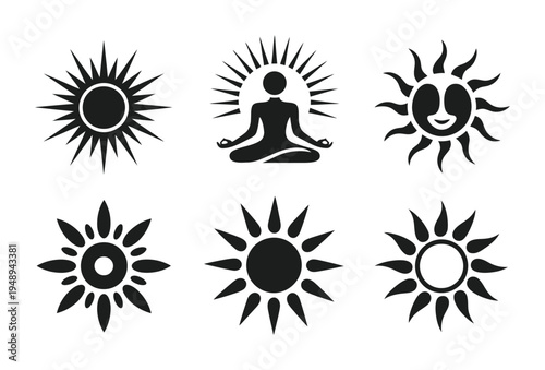 Collection of vector sun icons with meditative and playful designs