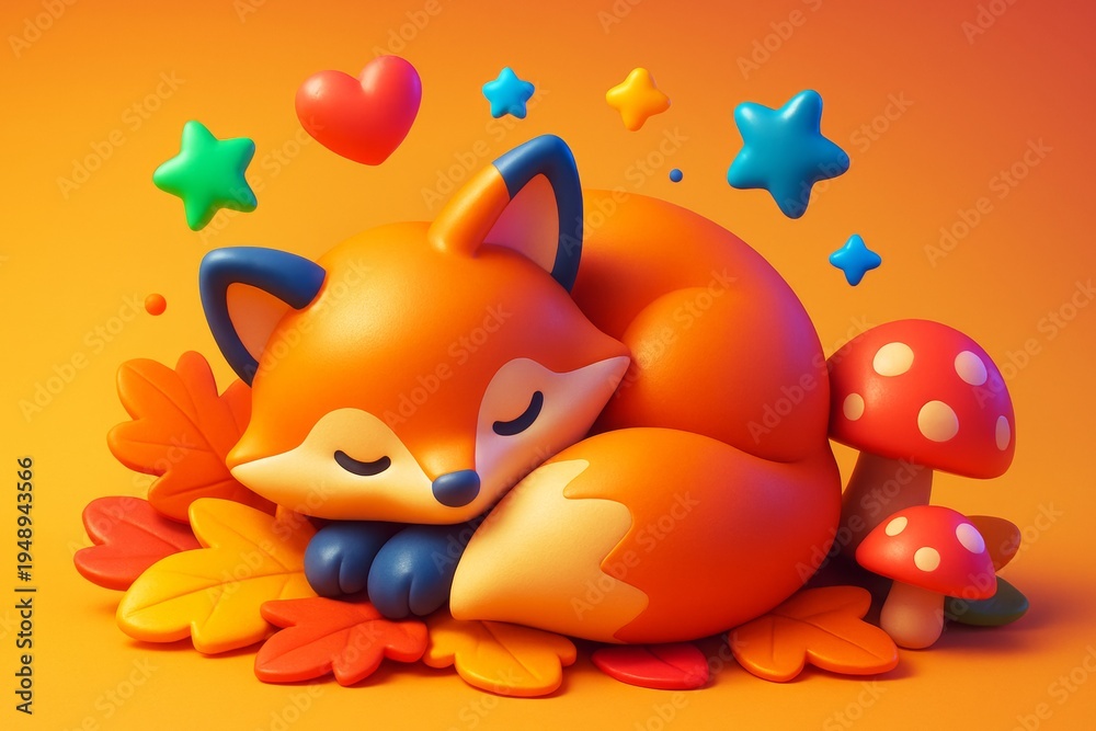 Obraz premium Cute curled fox sleeping on autumn leaves with colorful stars, mushrooms, and hearts on a warm orange background in creative cartoon style. Ai generative