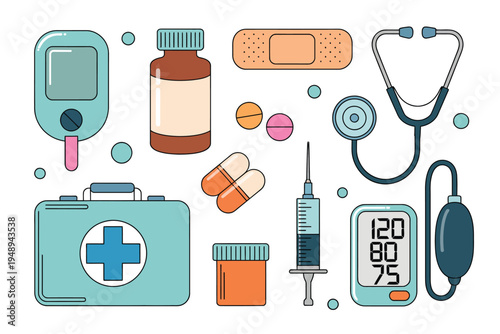 Home Medical Equipment Icon Set – First Aid Kit, Blood Pressure Monitor, Glucometer