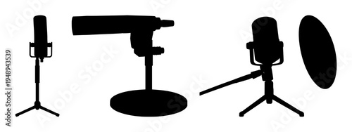 Broadcasting microphone set with a solid black silhouette design featuring media production, audio recording, professional equipment with studio technology and sound engineering