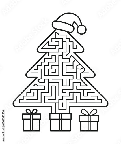 Vector of a christmas tree maze with santa hat and presents