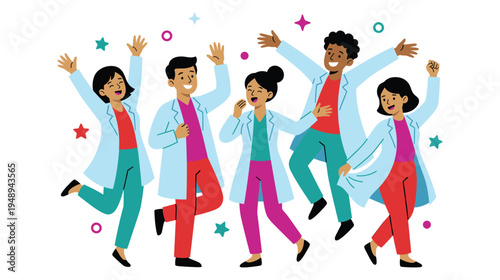 Group of diverse medical professionals celebrating with hands raised