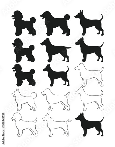 Vector of various dog breeds in silhouette form, showcasing different shapes and sizes.