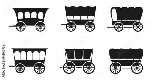 This set of vectors features six different covered wagon designs