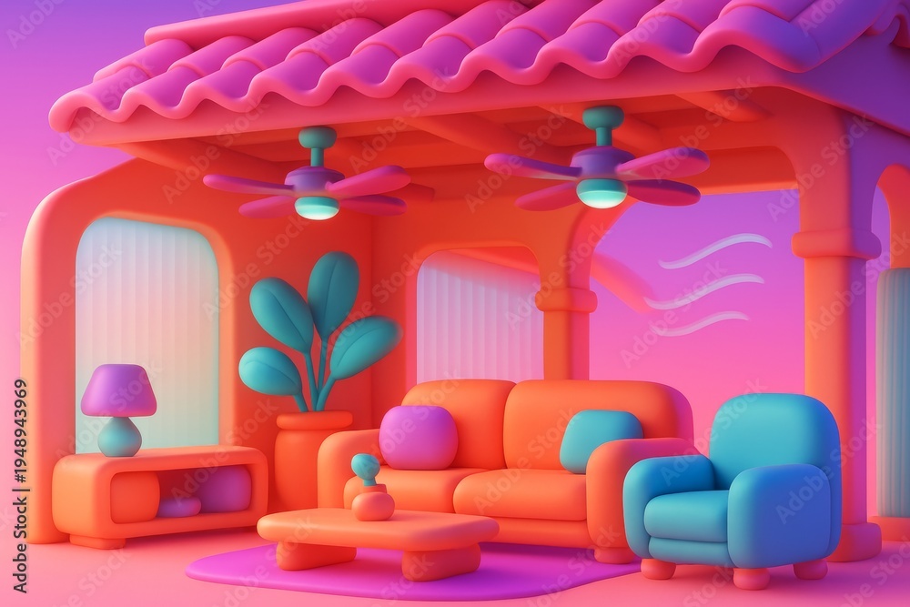 Naklejka premium Vibrant colorful outdoor patio with cozy furniture, tropical plants, and fans under tiled roof in surreal dreamy architectural background scene. Ai generative