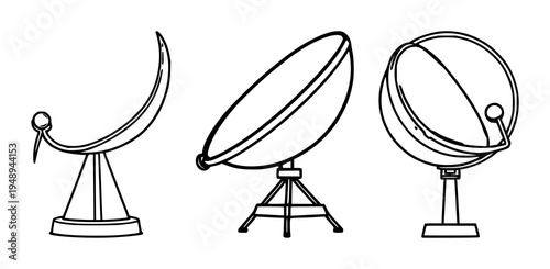 Satellite dish icon set with pixel-perfect lines on pristine white background featuring satellite, dish, signal with technology and UI