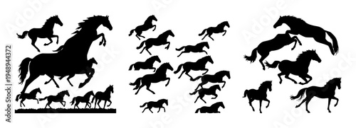 Horses set with isolated black silhouettes of galloping, jumping, running, trotting, rearing side view featuring horses, silhouette, black with white background and dynamic pose