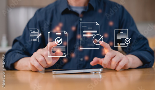 Businessman present virtual screen in concept of practices and policies , procedure company articles of association Terms and Conditions compliance rules and law regulation policy