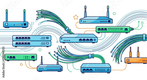 Network infrastructure illustration with routers and switches connected by cables