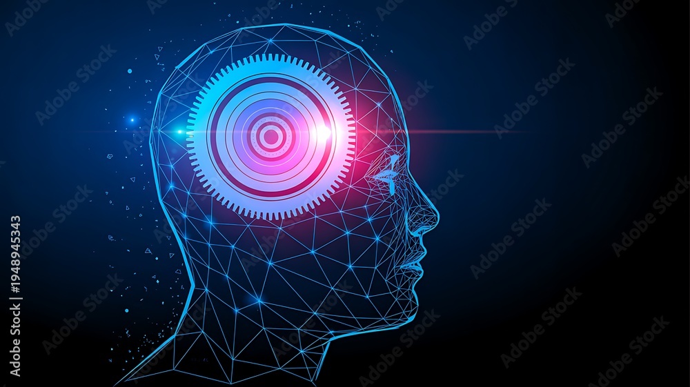 Obraz premium Futuristic human head with digital ai interface and glowing elements