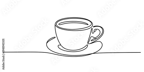 Continuous line drawing of a cup of coffee on a saucer