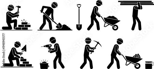 Construction and Handyman Pictogram Set - Professional Builder and Labourer Silhouettes Vector Icons