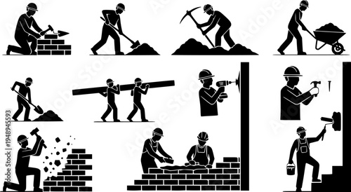 Construction and Handyman Pictogram Set - Professional Builder and Labourer Silhouettes Vector Icons