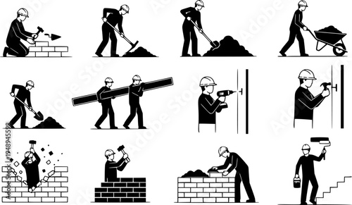 Construction and Handyman Pictogram Set - Professional Builder and Labourer Silhouettes Vector Icons