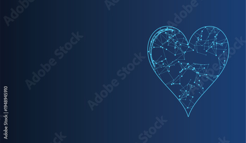 Digital heart shape formed by interconnected network of dots and lines.