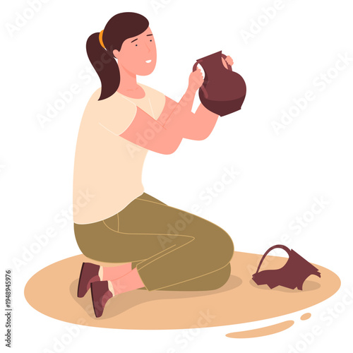 Archaeologists engage in research of ancient artefacts, excavation historically of valuable objects. Archaeological excavations. Vector illustration