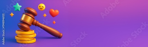 Auction judge gavel with coins and emojis on colorful gradient background with copy space for business or legal banner template design concept. Ai generative