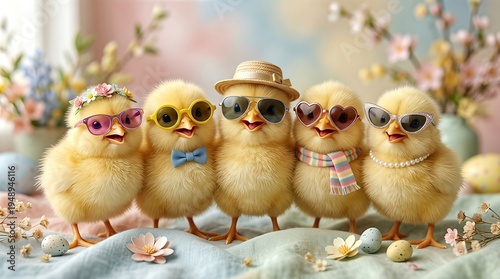 Adorable chicks wearing hats, sunglasses, and accessories on a colorful background.