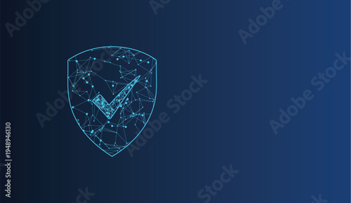 Futuristic digital shield icon with a glowing checkmark, symbolizing security and protection.